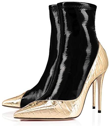 FSJ Women Fashion Two Toned Ankle Boots Pointed Closed Toe High Stiletto Heels Short Booties Patchwork Patent Matte Leather Side Zipper Ladies Party Prom Fall Winter Dress Shoes Size 4-15 US