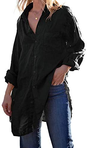 Karlywindow Womens Button Down Tunic Shirts Cotton Linen Long Sleeve Work Blouse Loose Casual Beach Cover Up Shirt