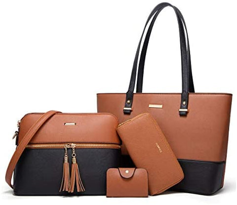 Women Fashion Synthetic Leather Handbags Tote Bag Shoulder Bag Top Handle Satchel Purse Set 4pcs
