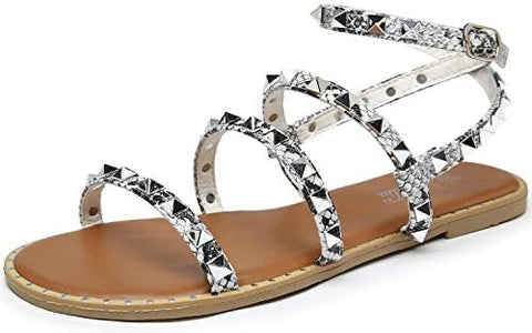 Katliu Women's Flat Sandals Strappy Studded Sandals Gladiator Sandals with Ankle Strap