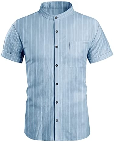 Men's Casual Mandarin Collar Shirts Button Down Vertical Stripes Short Sleeve Tops Shirt with Chest Pocket