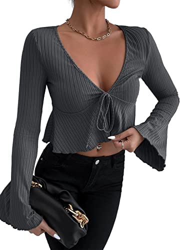 Womens Deep V Neck Crop Tee Ribbed Long Bell Sleeve Drawstring Casual Tie Front Blouse Solid Color Ruffle Hem Pullover Tops