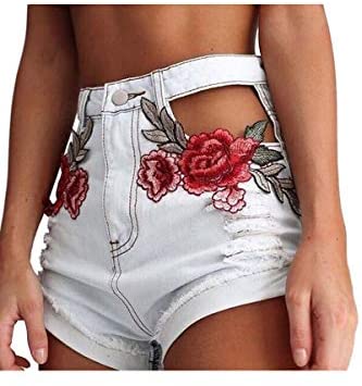 Women's Sexy Cutout Floral Embroidered High Rise Slim Junior Denim Shorts