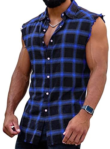 Yasiter Men's Raw Hem Sleeveless Shirts Cotton Full Button Down Nomal Lapel Collar Plaid Shirt Tank Tops