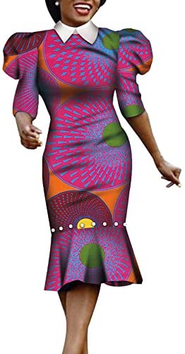 XIAOHUAGUA African Dashiki Print Dresses for Women Half Puff Sleeve Pearls Elegant Party Dress