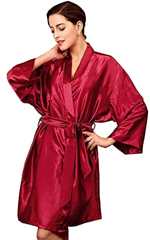 Women’s Satin Robe V-Neck Lace Trim Sexy Kimono Bathrobes Lingerie with Inside Ties-Bridesmaids Nightgown Sleepwear-One Size