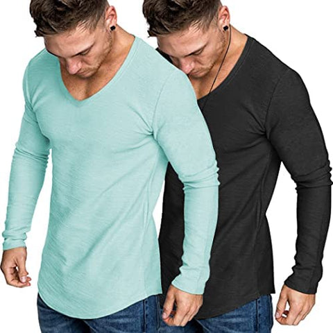 Men 2 Pack Muscle V Neck T Shirt Gym Athletic Fit Long Sleeves Tee Top
