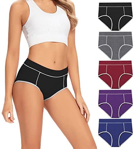 POKARLA Women's Cotton Stretch Underwear Ladies Mid-high Waisted Briefs Panties 5-Pack