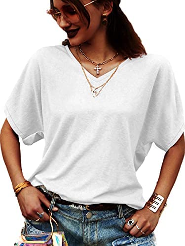 Womens V Neck Tops Short Sleeve Shirts Casual Loose Bat Sleeve T-Shirts Solid Basic Tunic Tops