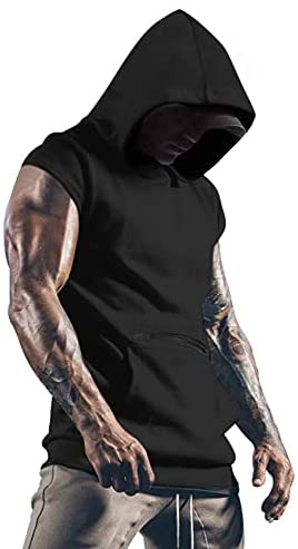 Men's Workout Hooded Tank Top Gym Muscle Cut Off Short Sleeves T-Shirt
