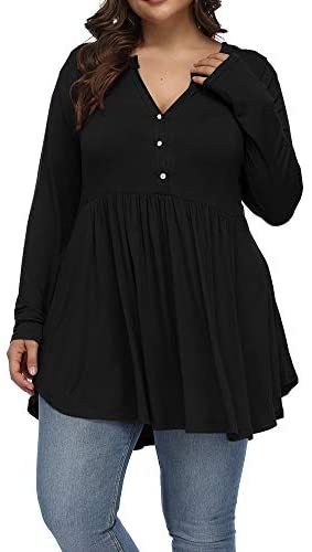Women's Plus Size Henley V Neck Button Tunic Tops Long sleeve Swing Flowy Shirts