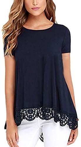 Women's O Neck Long Short Sleeve Solid Blouses Lace Trim A Line Shirts