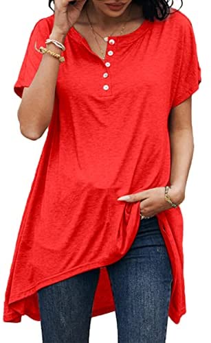 Dyexces Womens V Neck Tops Short Sleeve Shirts Casual Loose Button Collar Irregular Hem Tshirt