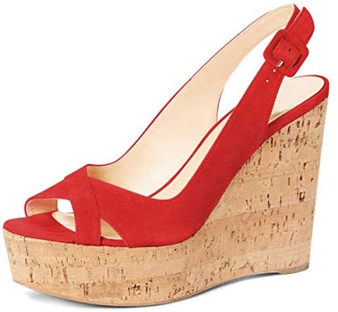 FSJ Women Summer Platform Wedge High Heeled Sandals Peep Toe Slingback Dress Faux Suede Pump Size 4-15 US