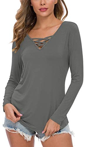 WNEEDU Women's Casual Long Sleeve T-Shirt Criss Cross V-Neck Basic Tees Tops