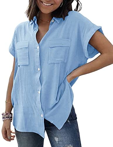 Womens V Neck Button Down Shirt Cuffed Sleeve Summer Beach Casual Tops Loose Fit Blouse with Two Side Pockets