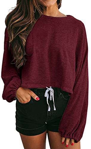 GAMISOTE Women's Waffle Knit Long Sleeve Tops Oversized Plain Crop Pullover Sweaters