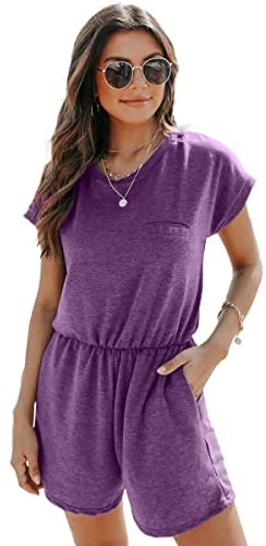 Dyexces Womens Jumpsuits Summer Loose Crew Neck Short Sleeve Elastic Waist Romper Playsuits with Pockets