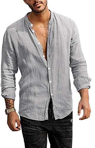 Men's Linen Button Down Shirt Long Sleeve Casual Loose Hippie Beach Yoga T-Shirts Tops