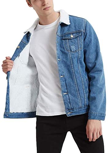 Plaid&Plain Men's Fleece Lined Borg Collar The Sherpa Trucker Jacket Jean Denim Jacket