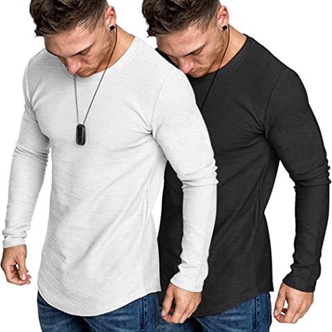 Men 2 Pack Muscle Fitted T Shirt Gym Workout Athletic Long Sleeves Tee