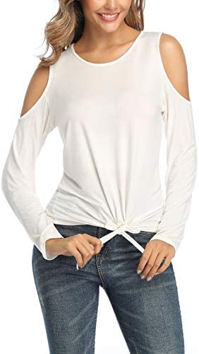Women's Cold Shoulder Shirt Long Sleeve Blouse T-Shirt Casual Front Tie Knot Tops