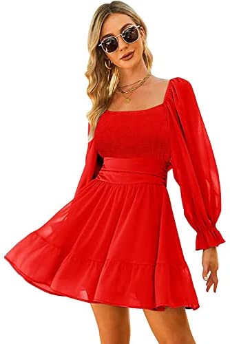 Women Elastic Smocked Bust Tie Back Long Puff Sleeve Square Neck Ruffle Dress A-line Casual Mini Dress