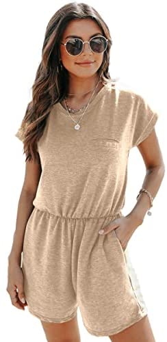 Dyexces Womens Jumpsuits Summer Loose Crew Neck Short Sleeve Elastic Waist Romper Playsuits with Pockets