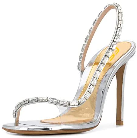 FSJ Women Sexy Open Square Toe Transparent Sandals High Stiletto Heel Rhinestones Strap Slingback Pumps Party Date Shoes