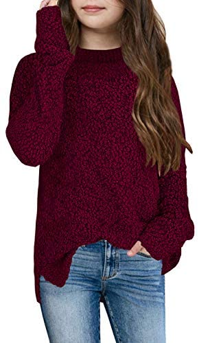 GAMISOTE Girl's Fuzzy Warm Sweater Crew Neck Chunky Side Slit Jumper Pullover Outwear