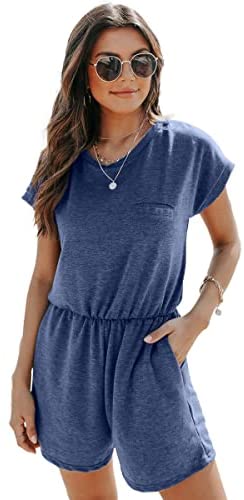 Dyexces Womens Jumpsuits Summer Loose Crew Neck Short Sleeve Elastic Waist Romper Playsuits with Pockets
