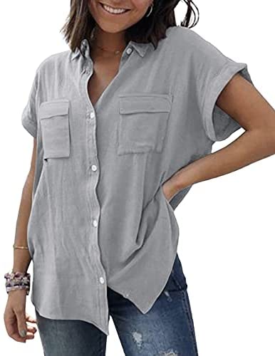 Womens V Neck Button Down Shirt Cuffed Sleeve Summer Beach Casual Tops Loose Fit Blouse with Two Side Pockets