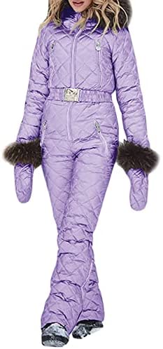 Womens Onesies Ski Suit Winter Outdoor Waterproof Ski Jumpsuit Jacket Overall Snowsuit Fur Collar with Hoodies Removable