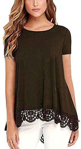 Women's O Neck Long Short Sleeve Solid Blouses Lace Trim A Line Shirts
