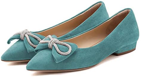 FSJ Women Fashion Sparkling Crystal Bowknot Chic Chain Comfortable Slip on Pointed Toe Low Heels Chunky Ballet Flats Dress Party Office Shoes Size 4-15 US