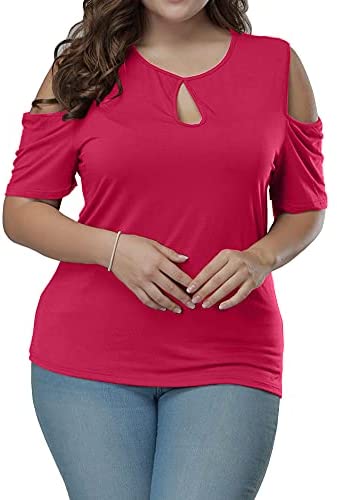 Women's Plus Size Top Keyhole Front Short Sleeve Cold Shoulder T Shirt
