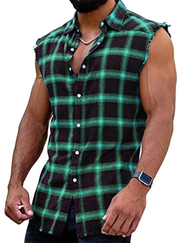 Yasiter Men's Raw Hem Sleeveless Shirts Cotton Full Button Down Nomal Lapel Collar Plaid Shirt Tank Tops