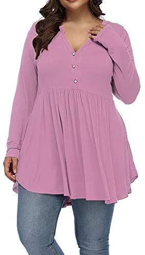Women's Plus Size Henley V Neck Button Tunic Tops Long sleeve Swing Flowy Shirts