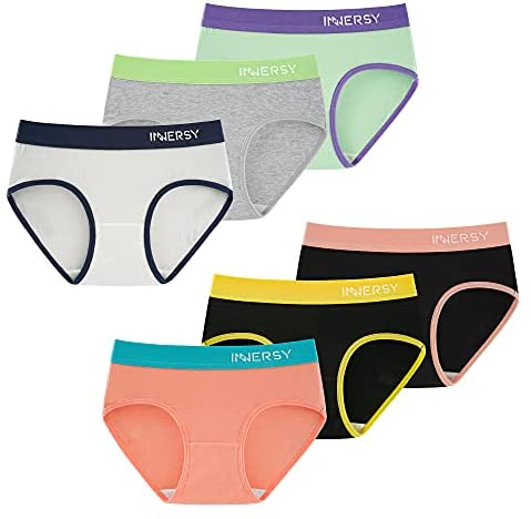 INNERSY Big Girls' Underwear Teens Contrasting Color Cotton Briefs Panties 6 Pack