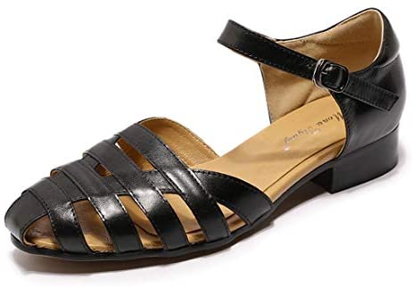 Mona flying Women Leather Tatianna Dress Sandals Closed Toe Low Heels Strappy Flats Summer Casual Shoes