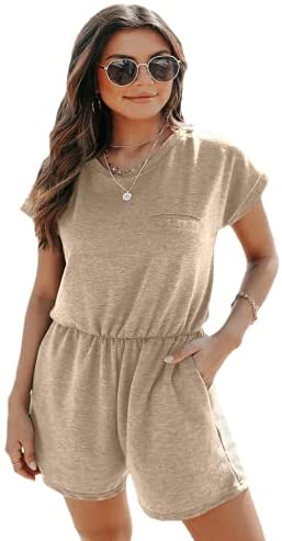 Dyexces Womens Crew Neck Rompers Summer Shorts Loose Tie Short Sleeve Stretch Waist Rompers with Pockets