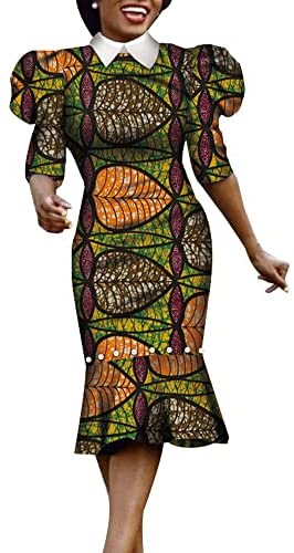 XIAOHUAGUA African Dashiki Print Dresses for Women Half Puff Sleeve Pearls Elegant Party Dress