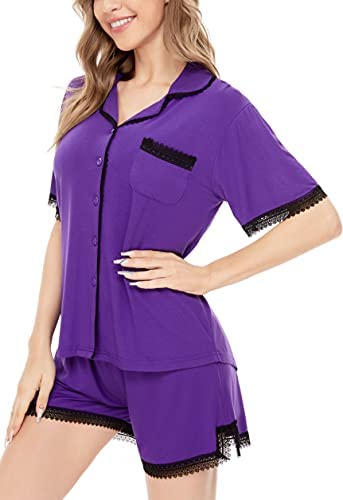 Women's Pajamas Set, Short Sleeve Sleepwear Lace Hem Pj Lounge Sets Nightwear Pajamas for Women S-XL