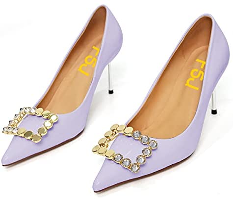 FSJ Women Fashion Pointed Toe Studded Classic Stiletto High Heel Dress Slip on Pumps Cute Buckle Wedding Party Shoes with Rhinestone Size 4-15 US
