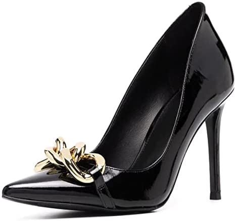 FSJ Women Fashion Pointed Toe Stilleto Heels Dress Pumps Metal Chain Slip On Wide Width High Heel Pumps Evening Party Shoes Size 4-15 US