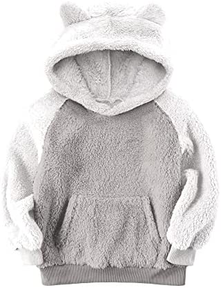 Baby Kids Girls Boys Fluffy Hoodies Sherpa Fleece Sweatshirts Winter Coats Cute Ear Pullovers with Kangaroo Pocket