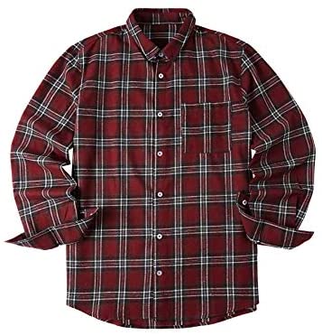 Mens Plaid Flannel Shirt Long Sleeves Button Down Collar Regular-fit Shirts with Pockets