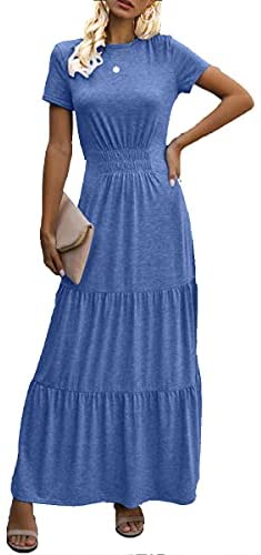 Dyexces Women’s Maxi Dress Summer Dresses Tunic Short Sleeve Crewneck Tiered Long Skirts