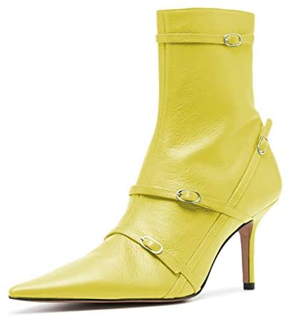 FSJ Women Pointed Toe Ankle Boots with Cross Buckle Straps Decoration Fashion Elegant Mid Low Heel Booties Ankle Wrap Zip Up Evening Party Dress Shoes Size 4-15 US