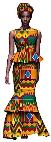 Women's African Dashiki 3 Pieces Wedding Dresses with Headwrap Sets Tops & Skirt Slim Fit